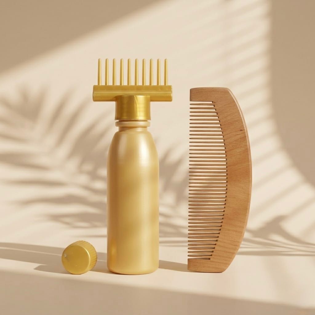 Hair Oil Applicator Comb Bottle with Curved Wooden Comb